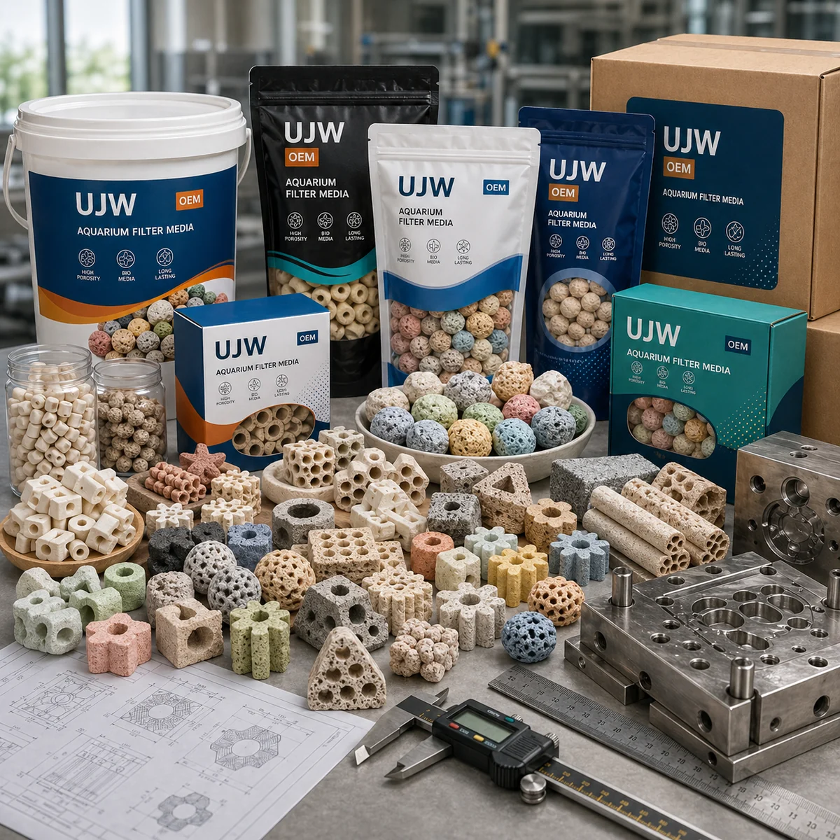 UJW OEM aquarium filter media packaging, custom product samples, and quality tools