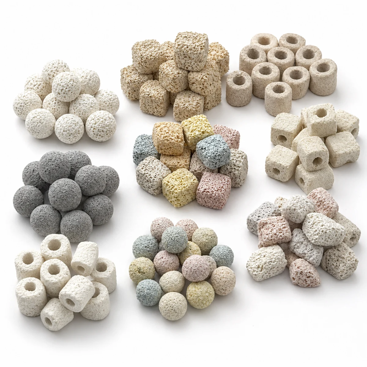 UJW aquarium filter media product range including short ceramic rings, porous cubes, balls, and mixed bio media